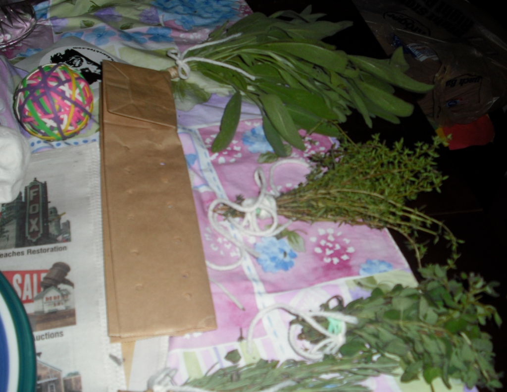 preparing the herb bundles, paper bag + materials